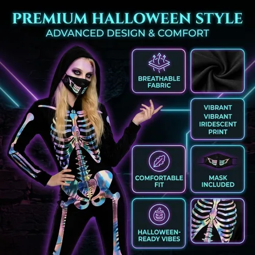 Vista 5 de Disfraz de esqueleto para mujer, neón 3D, enterizo de Body llamativo con estampado de esqueleto 3D de arcoíris para Halloween, cosplay, noche