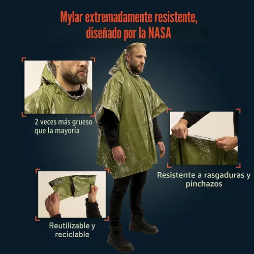 Vista 5 de PREPARED4X Poncho de emergencia Mylar – Poncho de lluvia de supervivencia con capucha – Ligero, compacto, reutilizable, manta de emergencia Poncho