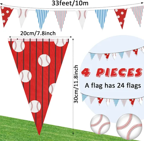 Vista 2 de VitalCozy 4 banderines de béisbol de 131 pies, decoraciones de fiesta, banderas triangulares de béisbol, banderines para pelota estadounidense