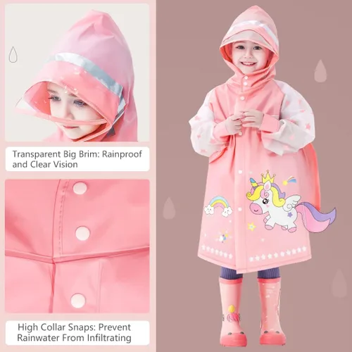 Vista 2 de Chubasqueros impermeables para niños, chaqueta impermeable con capucha, poncho de lluvia para niños y niñas, traje de lluvia reutilizable, ropa