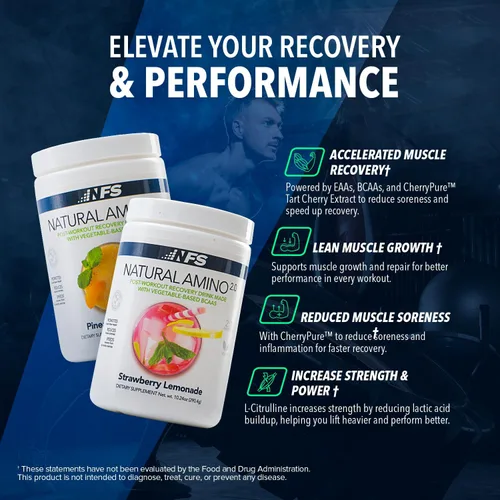 Vista 3 de NF Sports Amino natural. Aminoácidos BCAA 2:1:1 en polvo. Polvo de preentrenamiento BCAA Energy para recuperación muscular. Apto para dieta