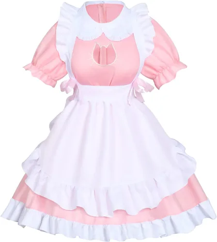 Vista 2 de Juego de delantal de sirvienta de gato francés de anime para cosplay, disfraz de cosplay (rosa, S)