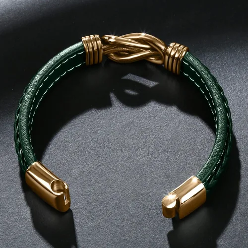 Vista 5 de Pulsera de cuero para hombre, pulsera de acero inoxidable, hebilla magnética para hombre