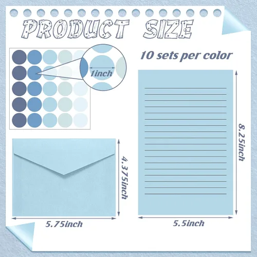 Vista 2 de Juego de 100 piezas de papel de papelería rayado y sobres, incluye 50 hojas de papel para escribir cartas y 50 sobres para oficina, 5.5 x 8.25 Azul