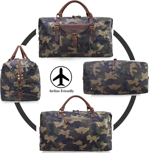 Vista 6 de Bolsa de viaje de gran tamaño impermeable lona Weekender cuero durante la noche bolsa de mano, Camo), 2056