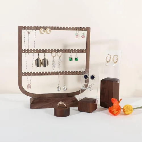 Vista 5 de GemeShou Soportes de exhibición de pendientes de madera de nogal para espectáculos, soporte de aretes acrílico para vender joyas, pequeños soportes