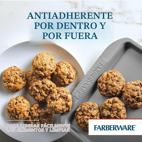 Vista 4 de Farberware Juego de utensilios para hornear antiadherentes, juego de bandejas para galletas de 3 piezas, color gris