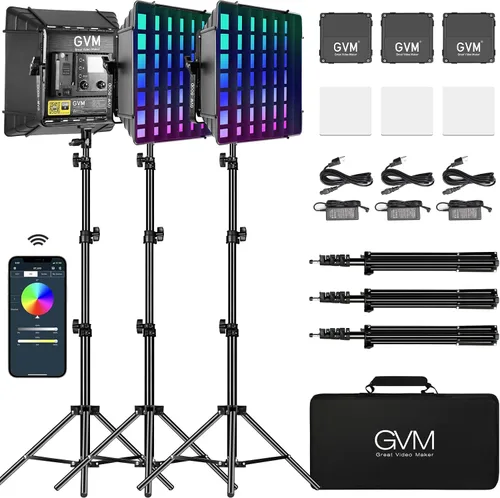 Vista 7 de GVM - Kit de iluminación LED RGB de video de estudio 800D con panel, control de aplicación para iluminación de fotografía de YouTube, 3200K-5600K, 8