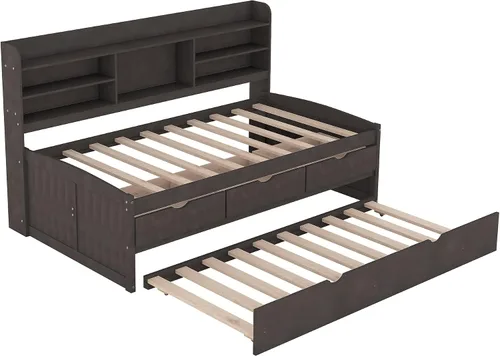 Vista 6 de Harper & Bright Designs Sofá cama de tamaño individual con estantes de almacenamiento, cajones y nido, marco de cama de esquina doble de madera
