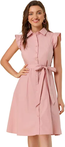 Vista 2 de Allegra K Vestido casual de oficina de manga con volantes para mujer, con lazo en la cintura, con botones y botones
