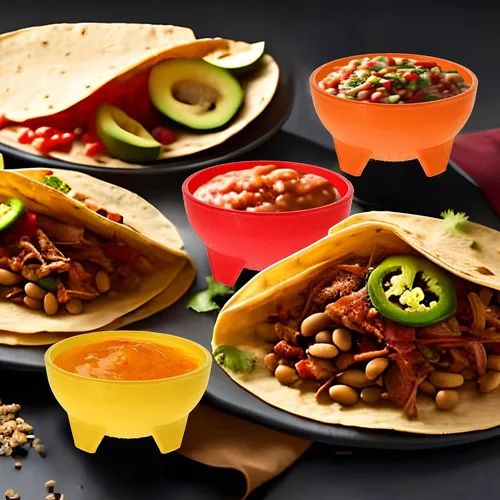 Vista 4 de meekoo Cuencos de salsa mexicanos multicolor de 4.5 pulgadas de diámetro, vajilla mexicana de plástico para tacos, dulces, chips, aperitivos