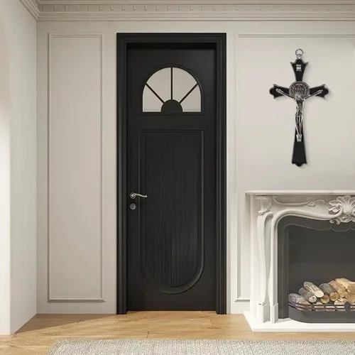 Vista 5 de Crucifijo de metal esmaltado de 8 pulgadas con cruz católica INRI para pared, decoración artística para dar bendición y lo sagrado espiritual: Negro