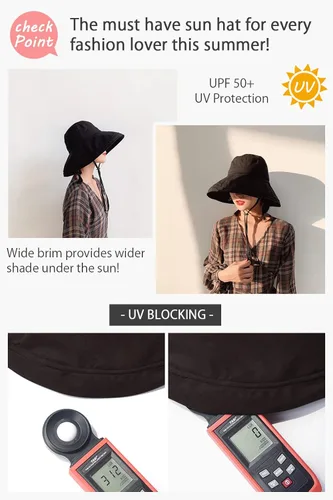 Vista 2 de Sombrero de pescador de ala ancha - Protección UPF50+ Sombrero de sol de playa con ala plegable ajustable semirrígida Negro