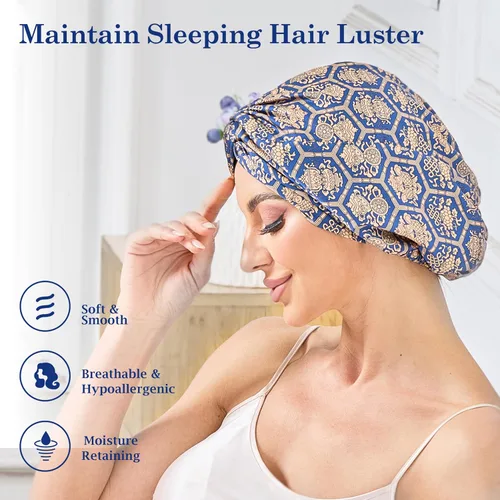 Vista 27 de Gorro de satén de seda ajustable para envolver el cabello para dormir, gorro de dormir de doble capa, turbante nocturno para cabello largo y rizado