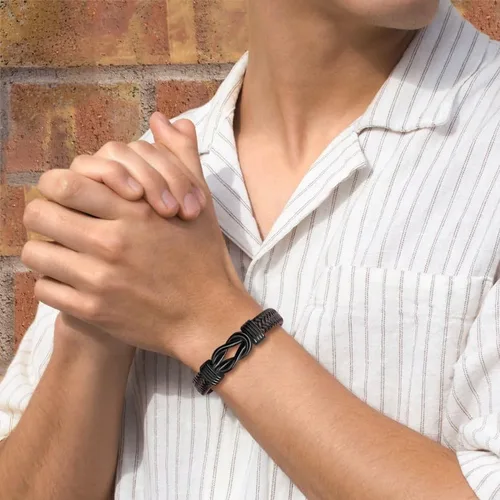 Vista 2 de Pulsera con símbolo de infinito para hombres, regalo para papá, marido, novio, hijo, nieto, marrón, cuero trenzado, acero inoxidable grabado