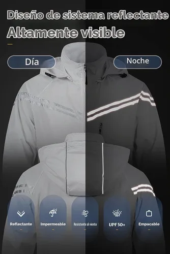 Vista 2 de CREATMO US Chaqueta impermeable plegable para hombre con capucha extraíble Gris