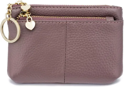 Vista 16 de Mini monedero con cremallera de cuero genuino para mujer, con llavero con triple cremallera, tarjetero Negro