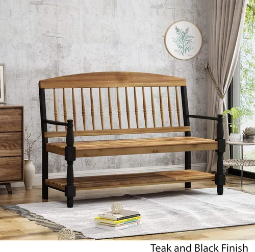 Vista 4 de Christopher Knight Home Eddie - Banco de madera de acacia para interiores con estante, acabado de teca y negro