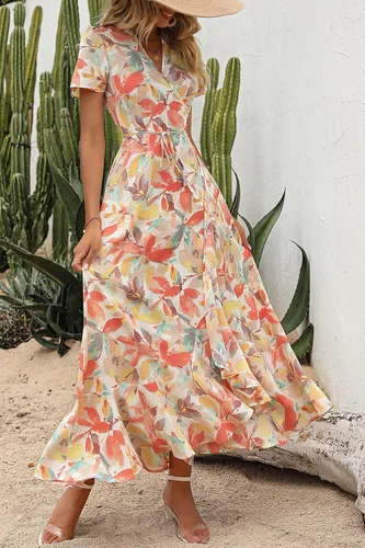 Vista 7 de PRETTYGARDEN - Vestido largo de verano cruzado para mujer, con cuello en V, estilo bohemio, floral, manga corta, dobladillo con volantes