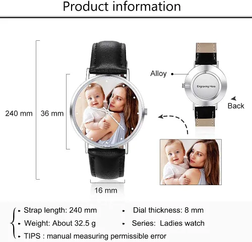 Vista 2 de Lovejewelry Relojes con foto personalizados para hombres y mujeres, correa de cuero, reloj de pulsera personalizado con cualquier nombre