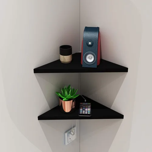 Vista 6 de evron Juego de 2 estantes de montaje de esquina, estantes de pared flotantes fáciles de instalar con acabado de grano de madera, plástico ABS