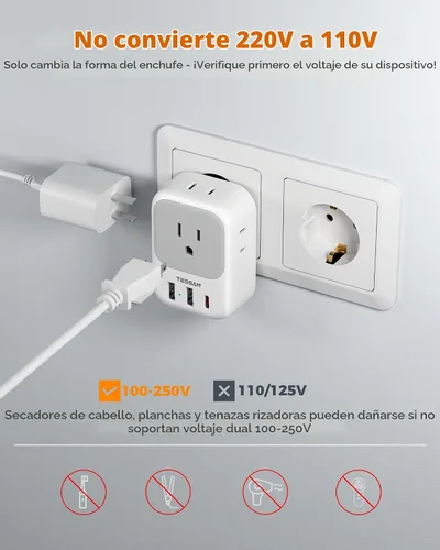 Vista 2 de TESSAN Adaptador de Enchufe de Viaje Europeo USB C Paquete de 3, Adaptador de Enchufe de EE.UU. a Europa con 4 Tomas de CA 3 Puertos de Carga USB