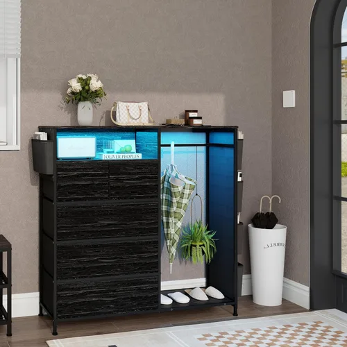 Vista 6 de Espelism Cómoda para dormitorio con perchero, bolsillos laterales, cómoda de 5 cajones con estación de carga, luces LED, cómoda de almacenamiento