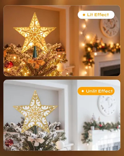 Vista 4 de Decoración para árbol de Navidad, estrella 3D con purpurina plateada, diseño hueco de metal, 10 lámparas integradas para interiores, oficina
