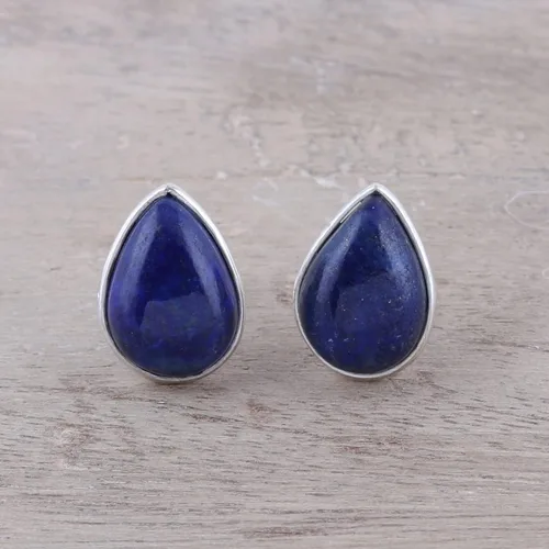 Vista 4 de NOVICA Aretes de botón de plata de ley 925 con lapislázuli, lágrimas místicas, Plata Esterlina Piedra, Sin gemas.