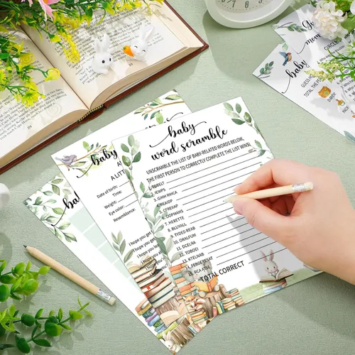 Vista 2 de Yinder 145 tarjetas de actividades para juegos de baby shower con 20 lápices, incluye descripción de bingo para bebés y deseos, adivina quién es