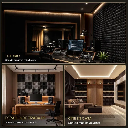 Vista 6 de Focusound Paneles acústicos, paquete de 50 unidades de 2 x 12 x 12 pulgadas con 300 adhesivos de doble cara, espuma piramidal a prueba de sonido