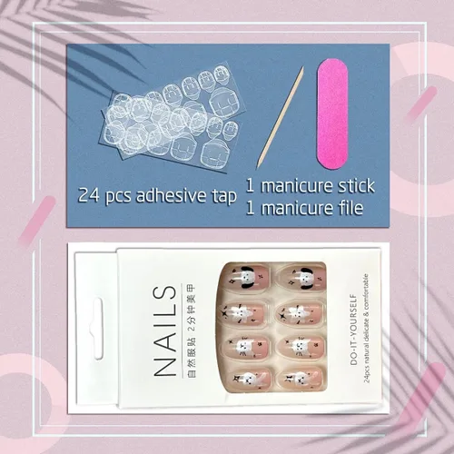 Vista 5 de Uñas postizas a presión de almendra, color rosa degradado medio, con bonito diseño de conejo y gato, uñas postizas de estrella plateada, uñas