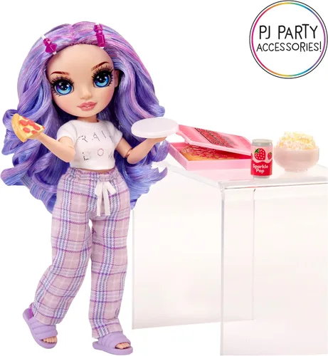 Vista 5 de Rainbow High Jr High PJ Party - Violeta, Muñeca de moda morada de 9" posable con enterizo suave, pantuflas, accesorios de juego divertidos, gran