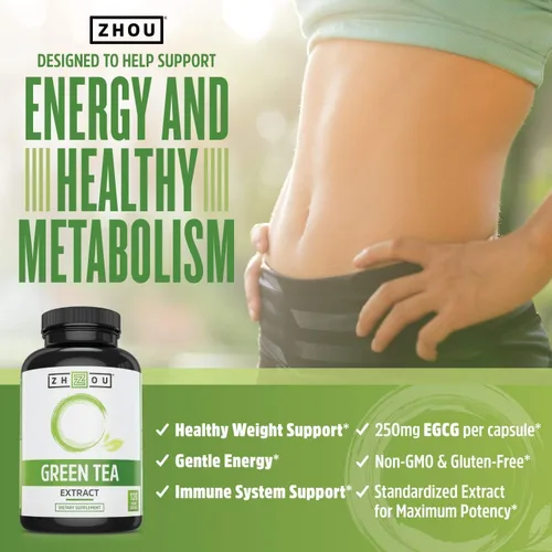 Vista 2 de Zhou Extracto de té verde con EGCG, metabolismo, energía natural, enfoque mental, apoyo inmunológico, fórmula cardíaca antioxidante y saludable, sin