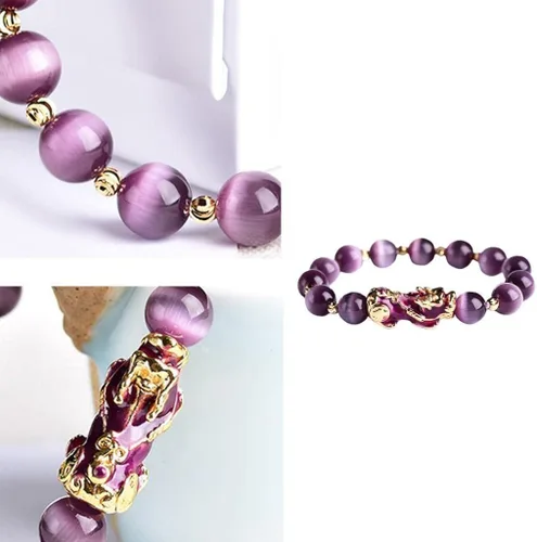 Vista 5 de Pulsera de amuleto chino de Feng Shui, pulsera de buena suerte con cuentas, amuleto de riqueza Pi Yao, joyería de buena suerte y riqueza, morado