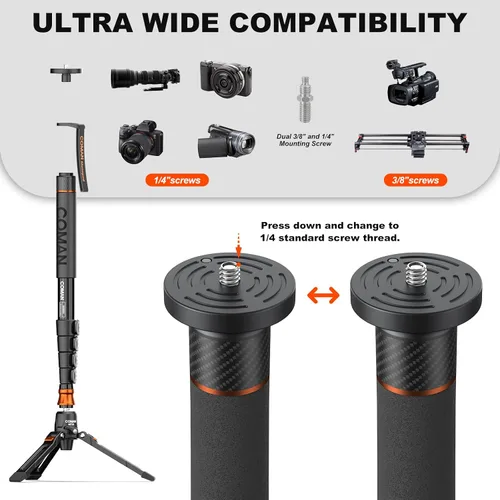 Vista 13 de Monopod de cámara profesional con pies, monopie de video de viaje portátil de aluminio de 73.2 pulgadas con base de trípode extraíble, carga máxima