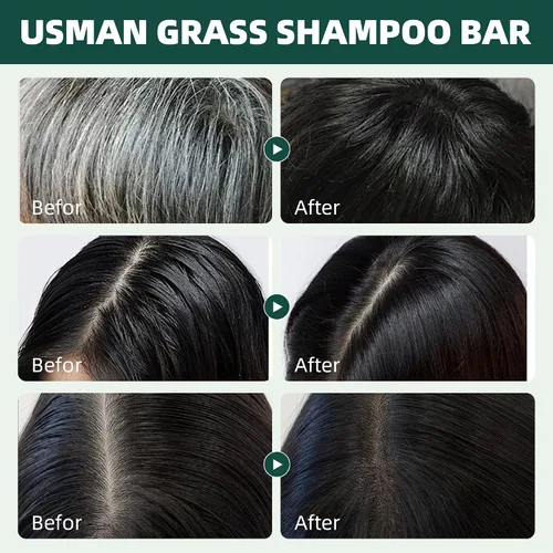Vista 7 de Usma Grass - Barra de champú sólido para oscurecer el crecimiento, jugo Usman gris reductor Polygonum Black Jabón, cabello gris inversa rutina He