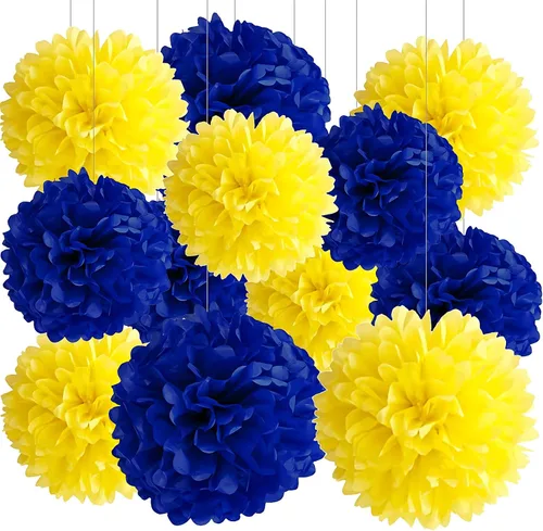 Vista 13 de BRZIKWT 12 pompones de papel de seda de punto ondulado degradado negro y dorado para fiesta, techo, colgar en la pared, decoración de flores