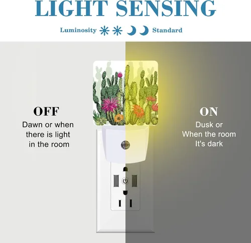 Vista 2 de Luz nocturna verde de suculentas y plantas de cactus enchufable a la pared con sensor de atardecer a amanecer, bonita luz nocturna para niños