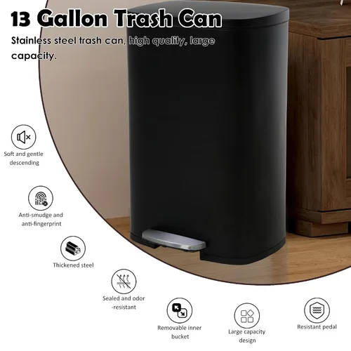 Vista 3 de Basurero de acero inoxidable de 13 galones, cubo de basura con tapa con pedal, cubo interior extraíble, resistente a las huellas dactilares