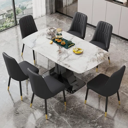 Vista 41 de Moderno juego de mesa de comedor para 4, mesa de vidrio de 63 pulgadas y base de MDF, mesa de comedor de mármol sintético negro con 4 sillas Mesa