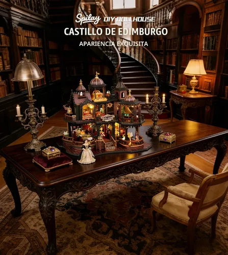 Vista 4 de Spilay Kit de Casa en Miniatura DIY, Casa de Muñecas Castillo de Edimburgo con Caja de Música y Cubierta Antipolvo, Kit de Rompecabezas de Madera 3D