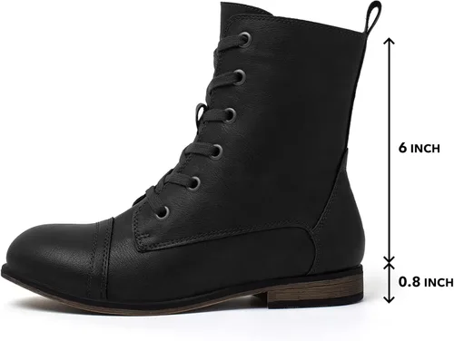 Vista 4 de katliu Botas de combate para mujer con cordones estilo militar con cremallera lateral puntera redonda