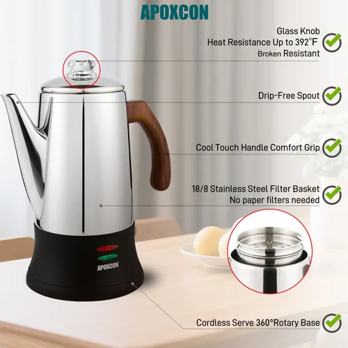 Vista 6 de APOXCON Cafetera eléctrica de acero inoxidable con dos perillas de vidrio resistentes al calor y mango de madera tratada con función de mantener