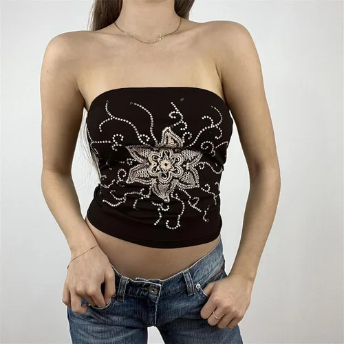 Vista 2 de Y2K - Camiseta corta sexy sin tirantes para mujer, diseño de grunge Fairy 90S, estética, camiseta sin mangas, con cachemira, camiseta sin mangas