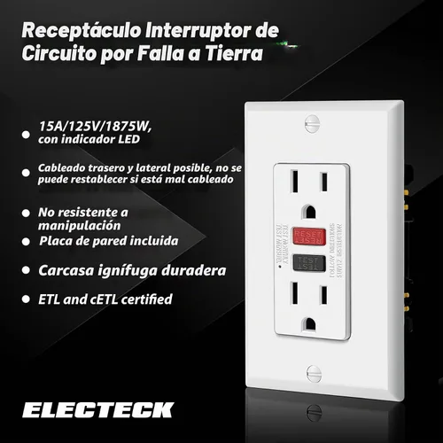 Vista 2 de ELECTECK Paquete de 5 Tomacorrientes GFCI de 15 Amperios, No Resistente a Manipulaciones, Receptáculos GFI Decorativos con Indicador LED Botón