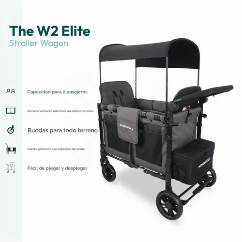 Vista 3 de WonderFold W2 Elite Cochecito Wagon, marco de acero, 2 plazas, gris