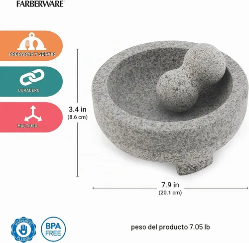 Vista 6 de Farberware Molcajete profesional de granito molcajete y molinillo de piedra de mortero, 4 tazas