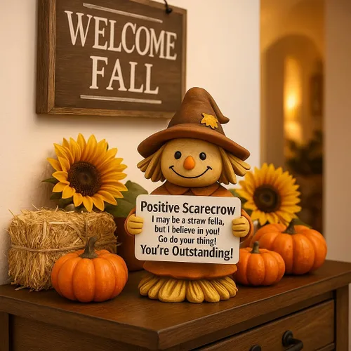 Vista 6 de iStatue - Estatua positiva de espantapájaros de otoño – 12 cm de alto, hecha a mano, de resina, decoración de Acción de Gracias con letrero