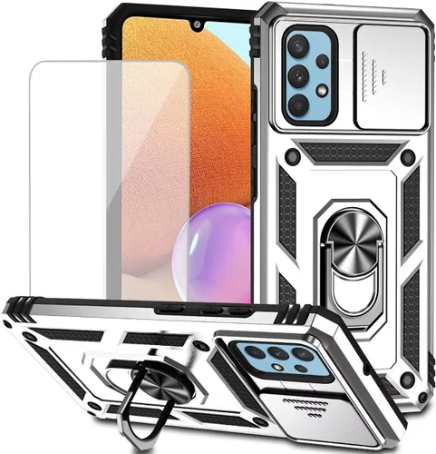 Vista 8 de Funda para Galaxy A32 4G, Samsung A32 4G SM-A325F con protector de pantalla de vidrio templado y cubierta de cámara deslizante, anillo magnético